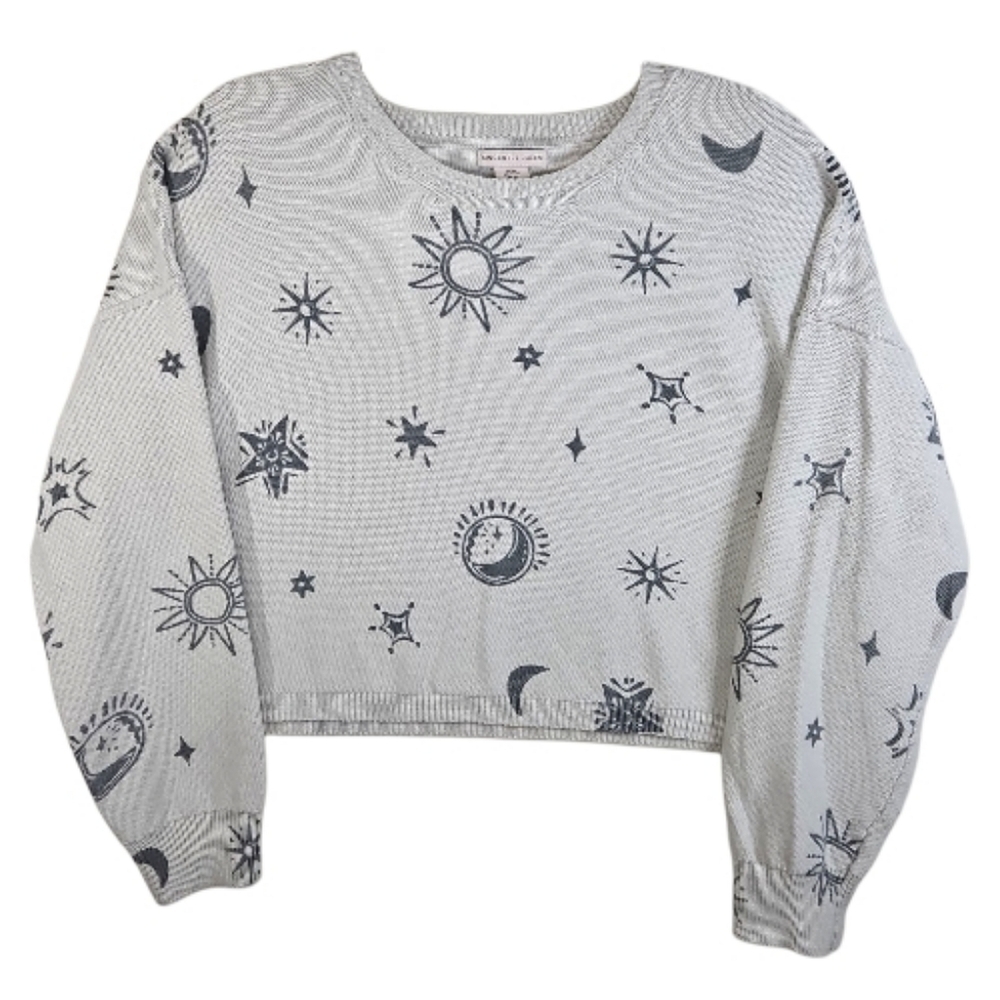 Sincerely Jules Gray Celestial Moon & Stars Cropped Boxy Sweater Size XL